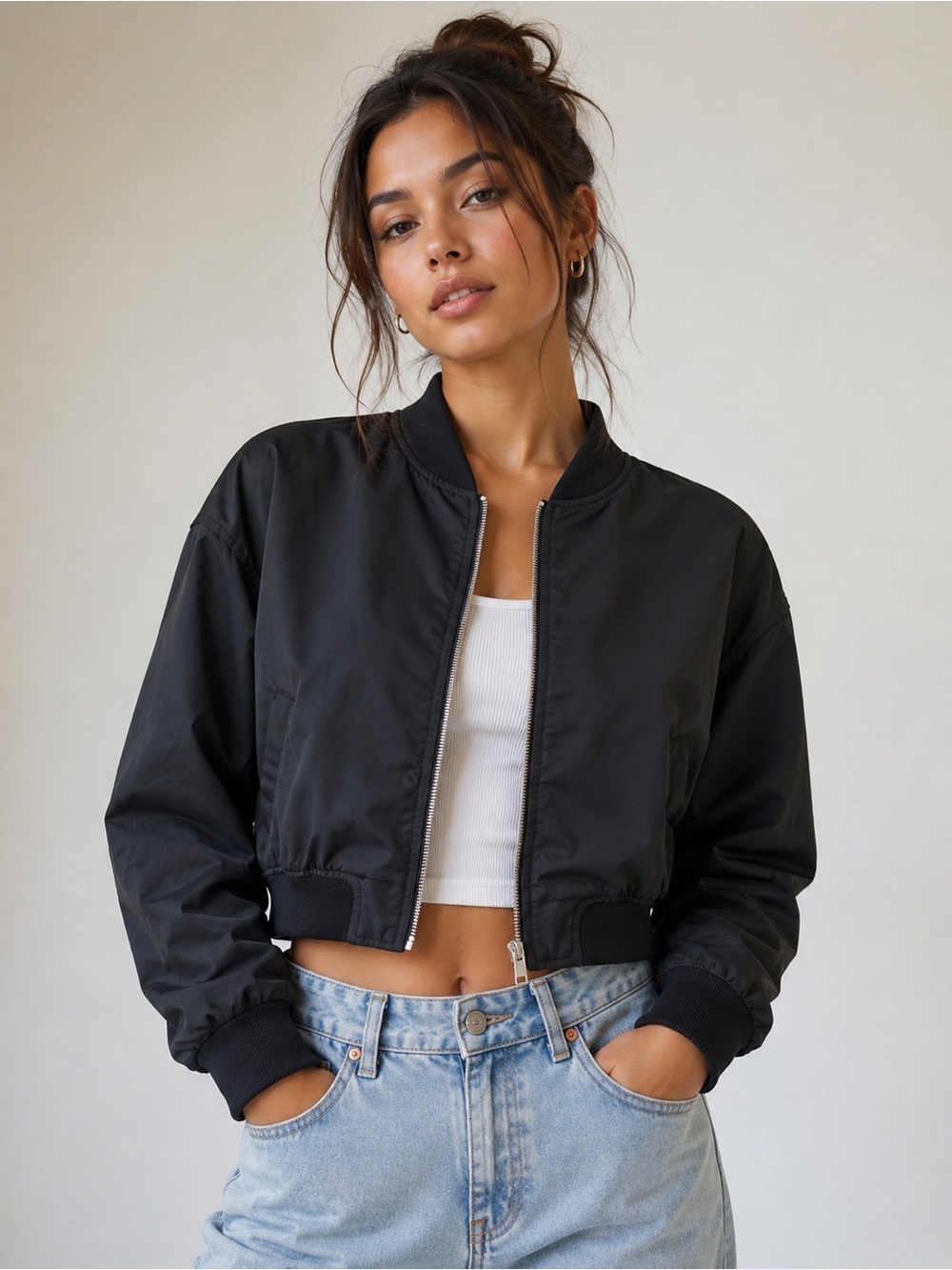 Zara Black Cropped Bomber Jacket – Size Small (US 2/4)